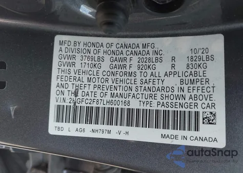 2020 Honda Civic Sport z USA, uszkodzony, nr VIN 2HGFC2F87LH600168